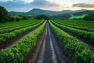Farm rows stretching toward scenic mountains high resolution picture