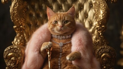 Luxurious cat on ornate throne with fur cape and jewelry