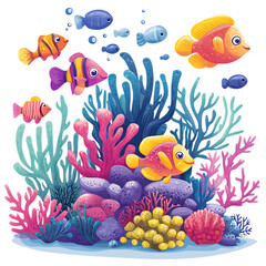 Fototapeta premium Colorful cartoon fish in coral reef isolated on transparent background 