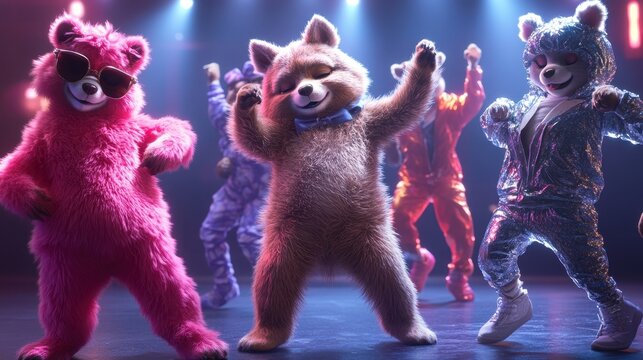 Vibrant dancing animals in colorful costumes for party event