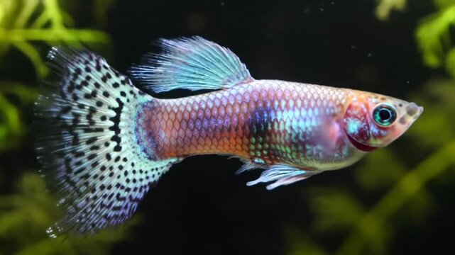 Ultra high-resolution macro video of champion guppy fish with iridescent pastel aquamarine and pink body, electric purple tiger-pattern caudal fin, cinematic lighting, underwater plants