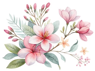 Stickers Bloemenwinkel Elegant watercolor illustration of light pink flowers and greenery on white backdrop  © RAFIA