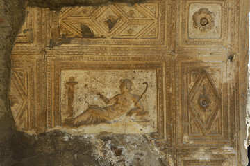 Ancient Fresco from the walls of the Ercolano – Herculaneum, Italy. Herculaneum, an ancient Roman town buried in the eruption of Mount Vesuvius in AD 79 - UNESCO World Heritage Site