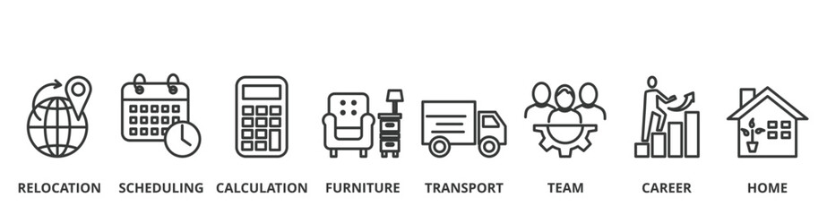 Moving Company banner vector illustration concept with icon of relocation, scheduling, calculation, furniture, transport, team, career and home 