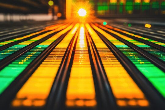 Brightly lit parallel lines of data indicators converging towards a central light source in a dark room