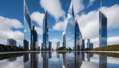 Obraz premium Reflective Skyline: Modern Architecture Mirrored in a Calm Pool