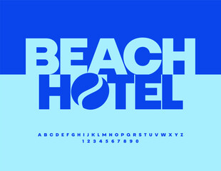 Vector Advertising flyer Beach Hotel. Bright Blue Font. Classic Alphabet Letters and Numbers set.