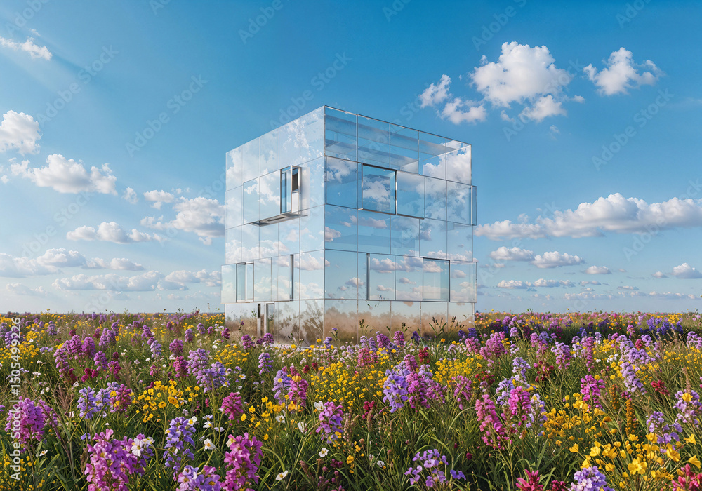 Poster transparent cube in a flowering field . generative ai