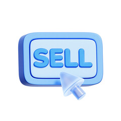 3D icon of a SELL button with arrow cursor, representing stock selling, trading exit, and profit taking strategy.