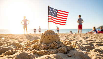 Festive Fourth of July beach scene with small sandcastle and American flag. Patriotism celebration includes national flag on beach near people enjoying summer day.