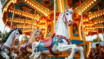 Classic carousel horses in motion, spinning joyously under bright lights. Colorful carousel animals offer family fun, creating happy memories at amusement park.