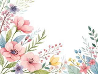 Watercolor floral corner arrangement with light pink, purple, and yellow blossoms
