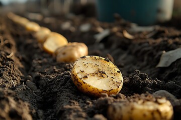 Fresh potatoes on black nutrient soil high resolution picture