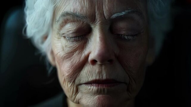 A close-up portrait of an elderly woman with eyes closed, bathed in dramatic light and shadow, emphasizing her weathered features