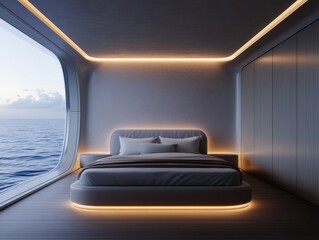 Luxurious oceanfront bedroom with modern ambient lighting