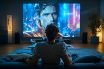 Naklejka premium Man Setting Up Smart Projector for Movie Night, Home Theater Lifestyle, Modern Entertainment Setup, Comfortable Living Space, Digital Leisure, Cozy Evening Scene, Tech-Enhanced Relaxation