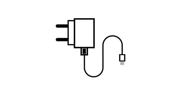 black color mobile phone charger icon animation electric plug connection USB port USB cable sign symbol on white background.4k video animation .