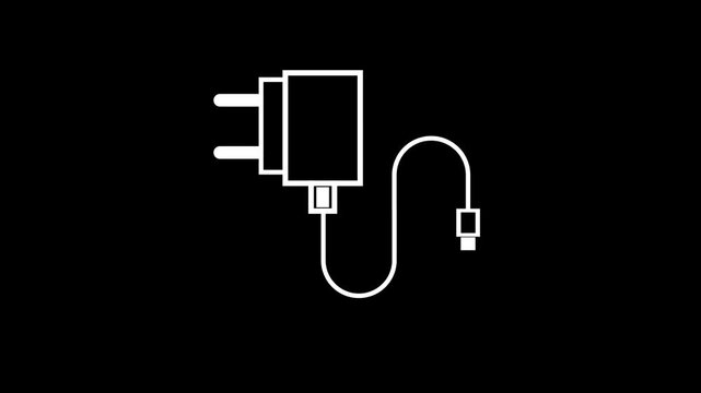 white color mobile phone charger icon animation electric plug connection USB port USB cable sign symbol on black background.4k video animation .