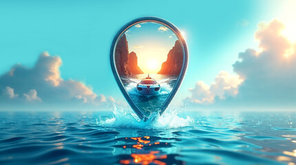 Luxury tour boat speeding through ocean waves inside location pin. Luxury tour concept shows elegant speedboat sailing to beautiful sunset islands.