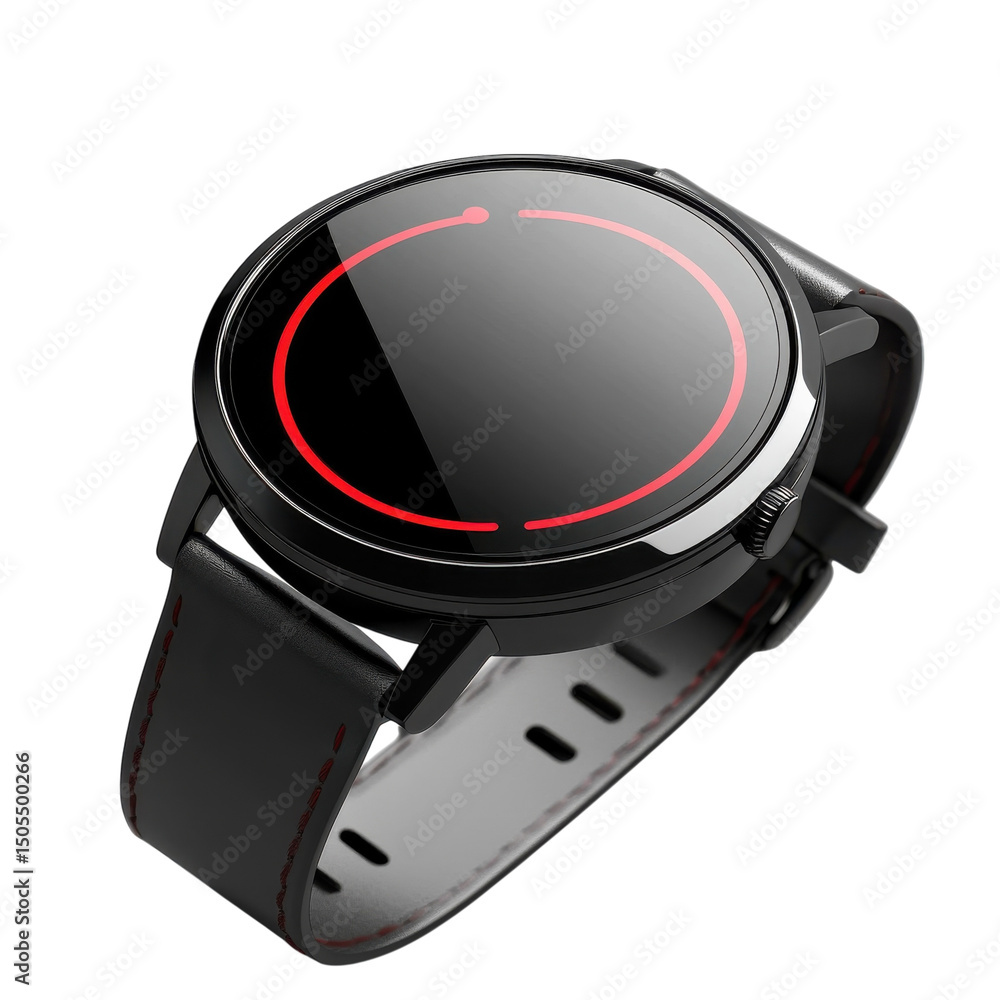 Poster a sleek black smartwatch displaying a modern minimalist interface with a on transparent background