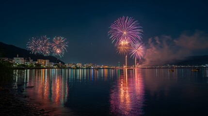 Cityscape Fireworks Display over Water at Night