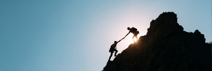 Two people are climbing a mountain together