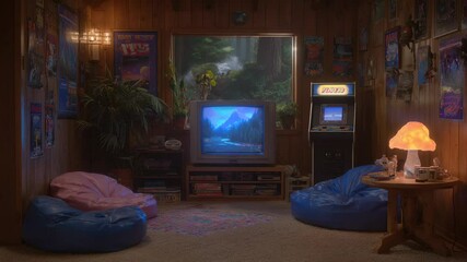 Retro Gaming Room with Neon-Lit Arcade Machine, CRT TV, and Cozy Beanbag Chairs in a Wood-Paneled Setting - Powered by Adobe