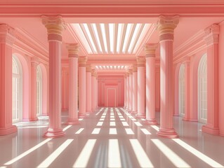 Symmetrical pink interior with classical columns, archways and striped floor in surreal perspective

