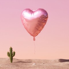 Fototapeta premium A rose-gold heart-shaped balloon floats above a lone saguaro cactus in a minimalist desert landscape under a pastel sky