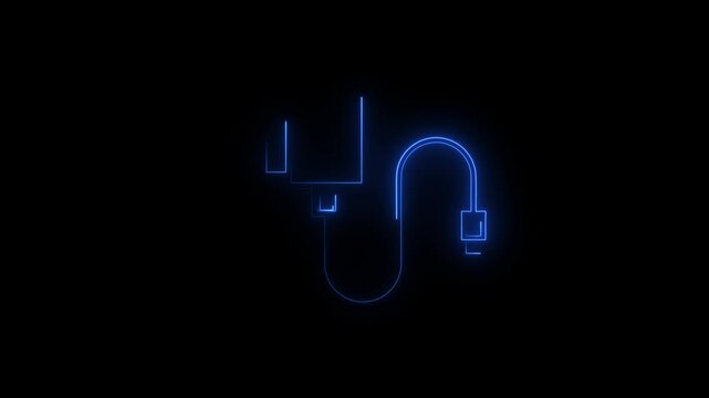glowing neon blue color mobile phone charger icon animation electric plug connection USB port USB cable sign symbol on black background.4k video animation .