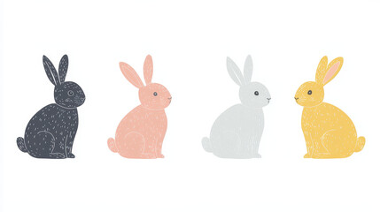 Obraz premium Charming Bunny Quartet: A collection of four adorable bunnies, each with a unique pastel hue, arranged to celebrate the beauty of springtime, perfect for adding a touch of whimsy to any project.