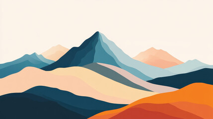 Serene Mountainscape: Abstract layered illustration featuring stylized mountain peaks in shades of blue, orange, and sand, embodying a sense of tranquility and natural beauty.