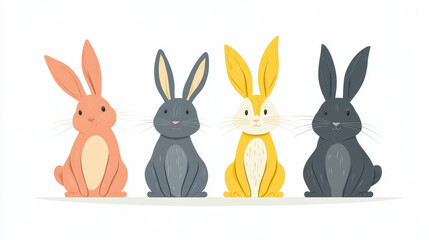 Obraz premium Four Rabbits illustration: Four adorable rabbits in different colors sitting side by side. A charming illustration perfect for Easter, spring, or children's designs.