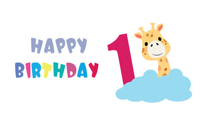 happy birthday card with 
giraffe with number one