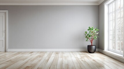 A large empty room with a black plant in a pot