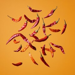 Red chili peppers flying in the air