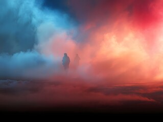 Bastille Day Mysterious figures in swirling red and blue smoke landscape