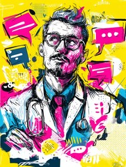 A man in a white lab coat with a stethoscope is surrounded by speech bubbles