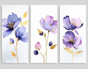Set of three posters with purple and gold flowers