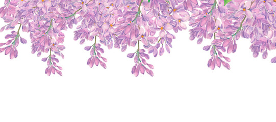 Naklejka premium Lilac watercolor flowers sprigs. Template with copy space. Spring syringa frame, border isolated on white. Purple blossom of summertime. Botanical floral background. Clipart for design.