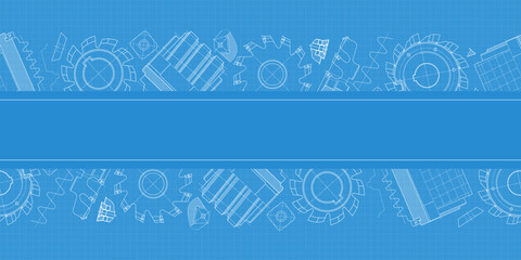 Mechanical engineering drawings on blue background. Cutting tools, milling cutter. Technical Design. Cover. Blueprint. Horizontal seamless pattern. Vector illustration.