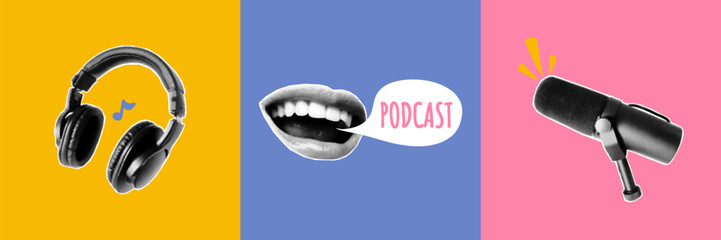 A set of trendy podcast cover illustrations with microphone, headphones, and mouth with speech bubble. Grunge halftone collage, blog layout, paper elements.