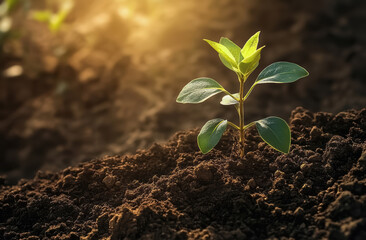 A green sprout growing in the garden. Concept of organic gardening, ecology, eco-friendly living. 