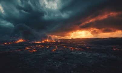 Naklejka premium Lava flows across a landscape under a dramatic sky.