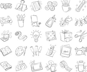 Hand-drawn doodles of creative tools and workspace elements