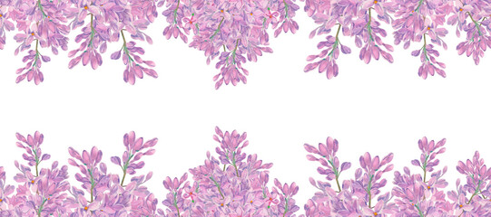 Lilac watercolor flowers sprigs. Template with copy space isolated on white. Spring syringa seamless frame, border. Purple blossom of summertime. Botanical floral background. Clipart for design. © Margarita