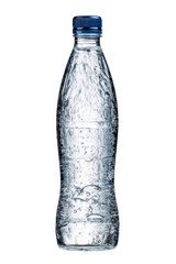 A bottle of water with a blue cap