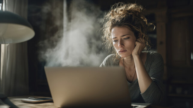 Worried woman working remotely with smoke from overheated laptop at home
