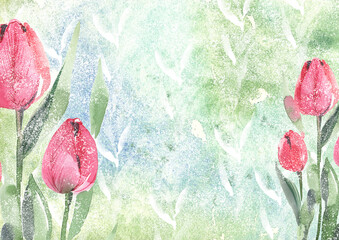 Spring background with red tulips for congratulations. Botanical watercolor illustration with a green abstract background and tulips.