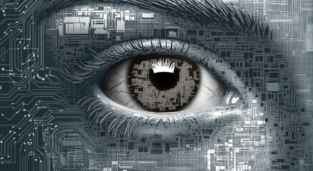 Closeup of a human eye and skin made of electronic components. Concept of futuristic digital technology, AI artificial intelligence, metaverse, people living in digital era. 